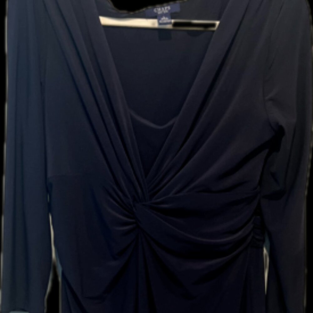 CHAPS Navy Blue Dress with Knot Front, 3/4 Sleeve, V-Neck